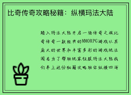 比奇传奇攻略秘籍：纵横玛法大陆