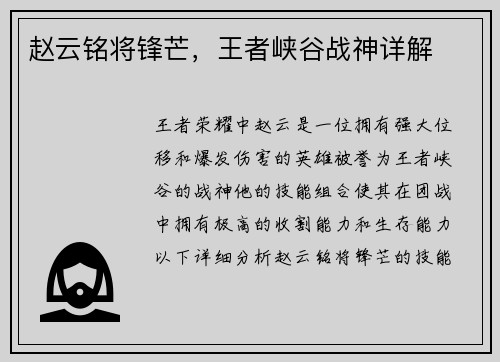 赵云铭将锋芒，王者峡谷战神详解